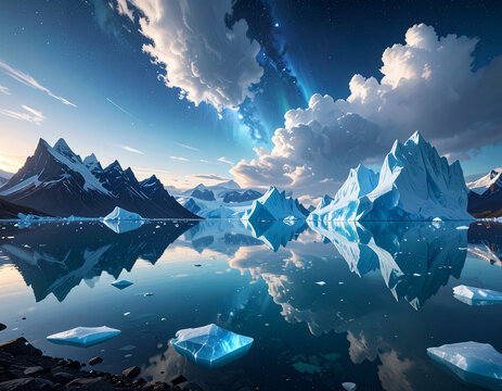 Sky-Merging Lake with Floating Icebergs