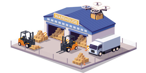 Modern warehouse logistics and fulfillment center with forklifts loading pallet boxes into delivery truck and drone shipping automation, isometric supply chain distribution hub for e commerce inventor © pixelplus