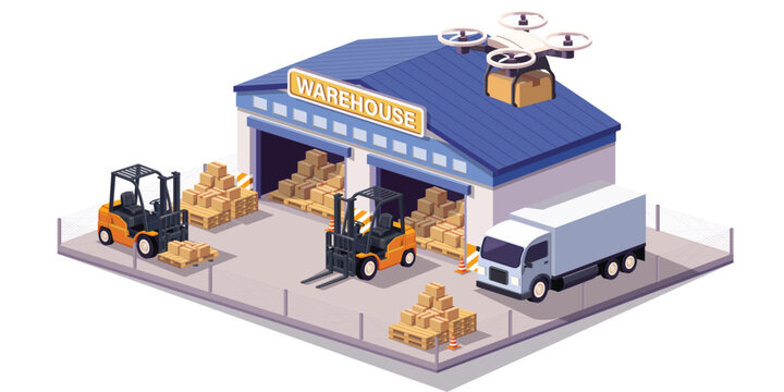 Modern warehouse logistics and fulfillment center with forklifts loading pallet boxes into delivery truck and drone shipping automation, isometric supply chain distribution hub for e commerce inventor
