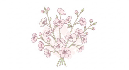 Delicate pink cherry blossom branch illustration hand-drawn watercolor style for spring decoration and floral design elements isolated on white