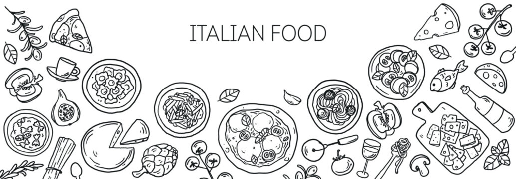 Hand drawn italian food sketch . Whimsical food and drink doodles. Hand drawn vector illustration for menu, packaging design. Italian cuisine quirky icons, simple sketch style. Minimalist line art