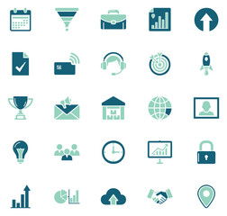Business and startup icons set with analytics, communication, finance, cloud computing and growth symbols.