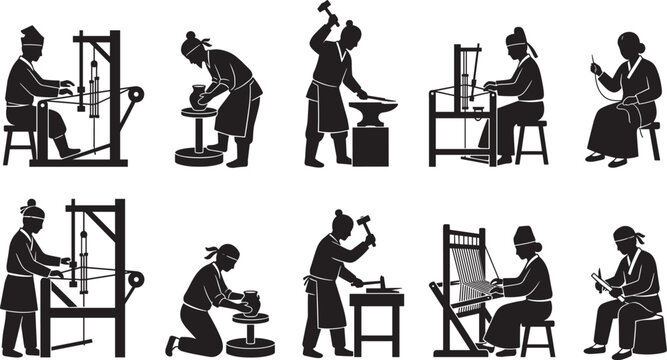 Traditional artisan silhouettes collection, blacksmith potter weaver craftsman handmade cultural heritage black vector illustration set