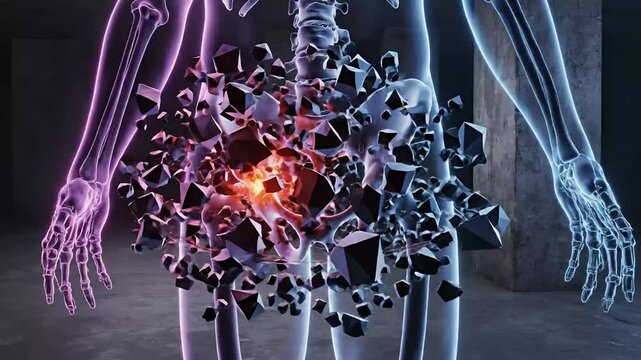 Human Skeleton Displaying Glowing Red Pain in Lower Back Area with Broken Bones Shattering