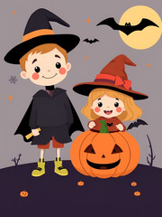 Cute Halloween little kids set vector illustration.