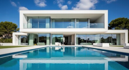 Fototapeta premium Modern luxury home with sparkling pool on sunny day