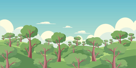 Naklejka premium Stylized forest landscape with varied tree shapes and soft pastel tones. Ideal for children’s book art, environmental graphics, and nature-themed backgrounds.