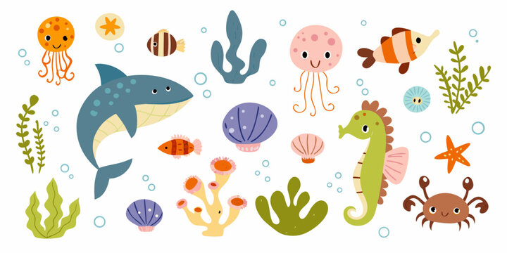 Colorful cartoon illustration of various sea creatures and ocean plants