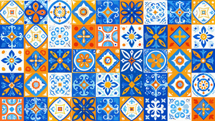 A vibrant pattern of colorful ornate ceramic tiles arranged in a grid