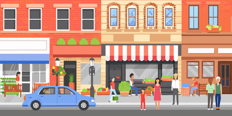 Naklejka premium A colorful illustration depicts a bustling street with shops and people