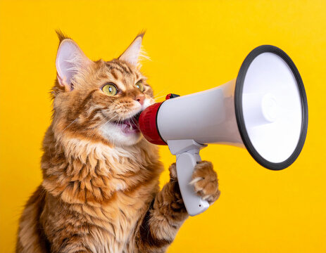 Eine lustige Katze mit Megafon vor gelben Hintergrund