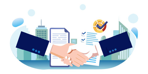 A business deal is sealed with a handshake and document in a city