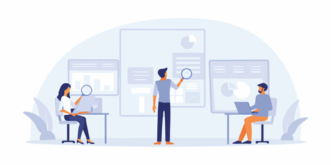 Team analyzing data and charts with magnifying glasses in a modern office