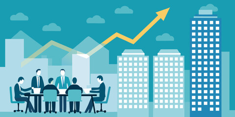 Business meeting with a cityscape and upward trending chart illustration