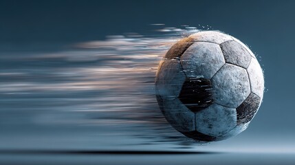 Fototapeta premium Fast soccer ball with blue and purple motion blur trails on dark background