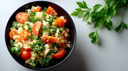 Quinoa salad bowl filled with fresh, vibrant vegetables and cantaloupe melon, served with cutlery