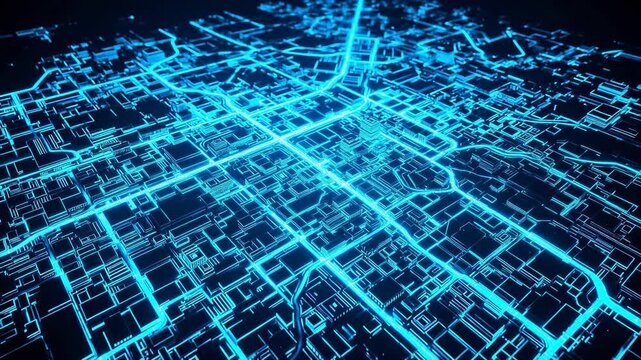 Futuristic city map with glowing blue lines