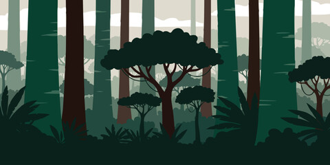 Dense jungle scene with tall trees and layered vegetation in flat design. Perfect for wilderness concept, adventure branding, conservation themes, and travel posters. © yossi