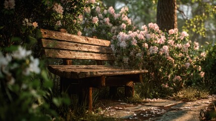 Naklejka premium A garden bench made from reclaimed wood with natural patina under a flowering tree, 8k, realistic, full ultra HD, high resolution, cinematic photography