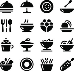 Sixteen black icons for food and dining Keywords: covered dish, plate, bowl, spoon, fork, cup