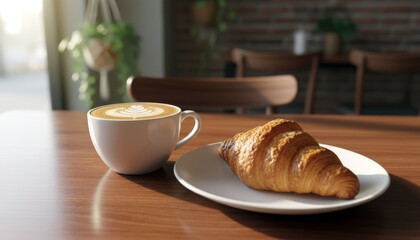 Cozy cafe scene with latte art and croissant on wooden table, morning sunlight filtering through window