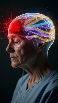 Psychedelic Assisted Palliative Care Transformation End-of-Life Emotional Healing Visualization. Ill adult with semi-transparent head revealing glowing neural network inside.