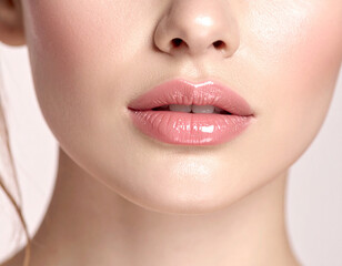 Naklejka premium A woman's face with a pink lip. The lips are full and plump. The woman has a light skin tone
