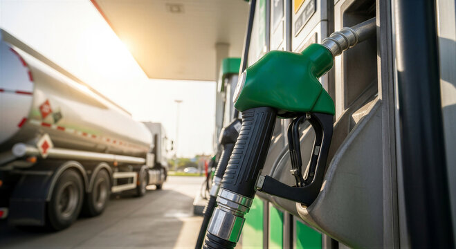 Fuel pump nozzle at a gas station with a tanker truck in the background, fuel industry