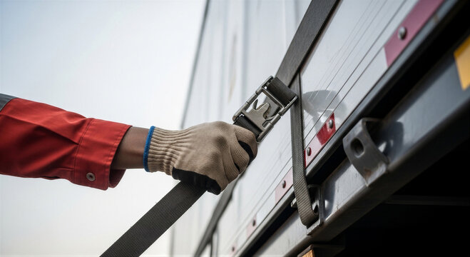 Hand of a worker tightening a ratchet strap on a truck trailer for secure cargo transport