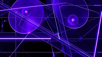 An abstract composition of curved purple and blue lines and shapes. 3D rendering