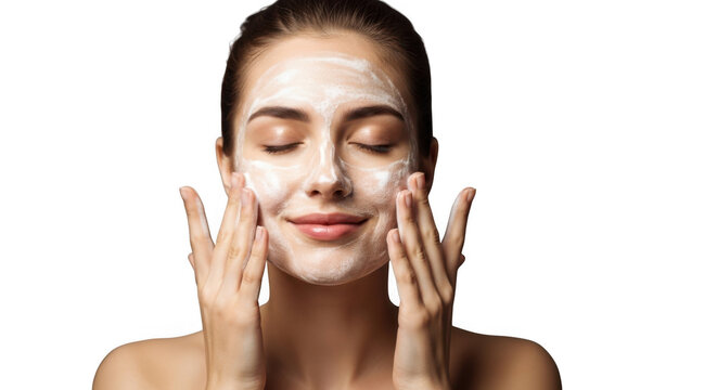Woman applying facial mask with her eyes closed and hands on face isolated on transparent background for skincare routine