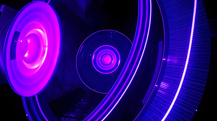 An abstract composition of curved purple and blue lines and shapes. 3D rendering