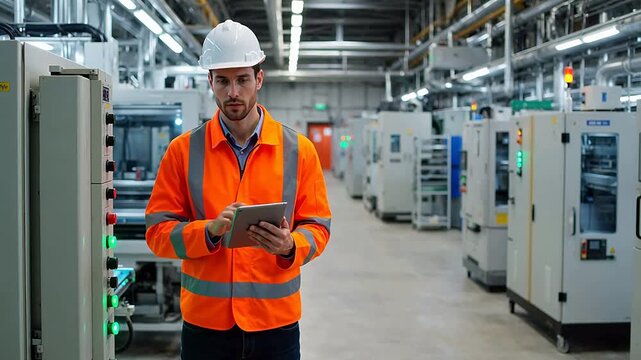Factory worker in safety gear using tablet