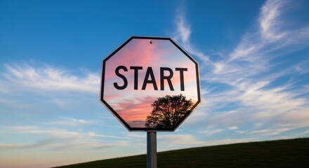 Obraz premium Start sign against beautiful sunset sky with tree silhouette