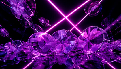 An abstract composition of curved purple and blue lines and shapes. 3D rendering