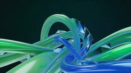 An abstract futuristic composition of gradient color transitions and flowing geometric shapes, creating a dynamic visual impression. 3D rendering