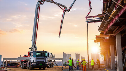 Pouring fresh concrete at a construction site, concrete pump, workers in personal protective equipment,