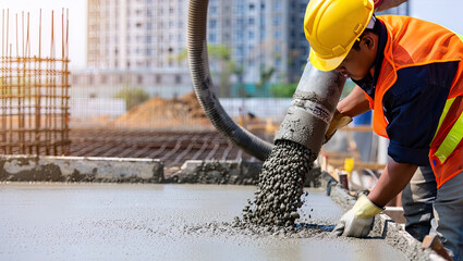 Pouring fresh concrete at a construction site, concrete pump, workers in personal protective equipment,