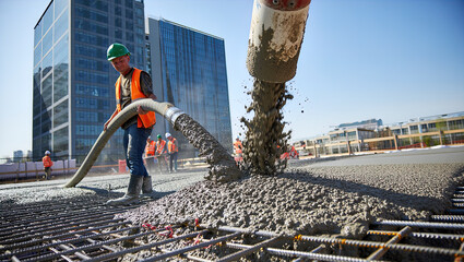 Pouring fresh concrete at a construction site, concrete pump, workers in personal protective equipment,