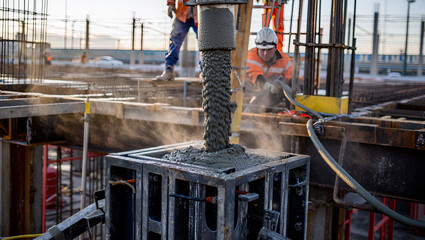 Pouring fresh concrete at a construction site, concrete pump, workers in personal protective equipment,