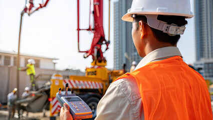 Pouring fresh concrete at a construction site, concrete pump, workers in personal protective equipment,