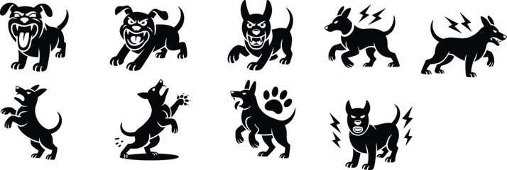 Obraz premium Aggressive dog silhouette illustration, barking dog sketch, animated canine drawing, expressive dog posture artwork, black stylized dog icon design