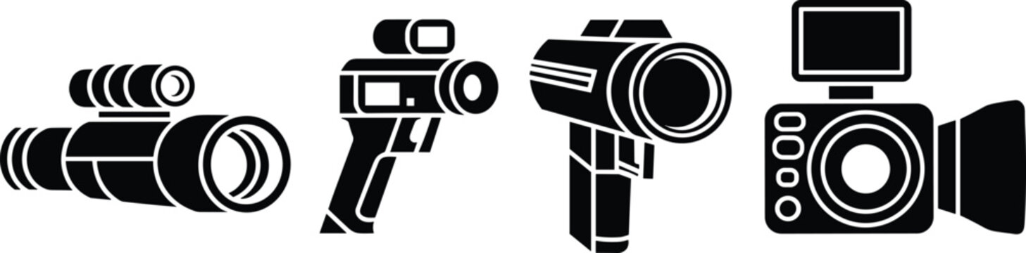 Camera icons illustration, binoculars silhouette, video camera, camcorder lens, digital camera flash vector, optical device drawing, black and white art