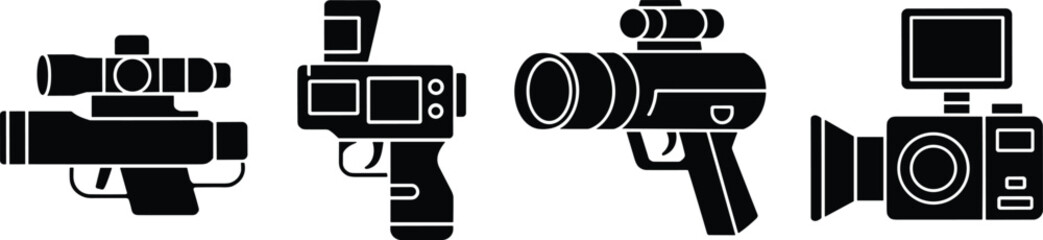 Camera silhouette illustration, tactical surveillance device, handheld digital camcorder icon, futuristic scope camera design, compact action camera drawing, black technology sketch © MD SAHIDUL