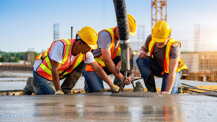 Pouring fresh concrete at a construction site, concrete pump, workers in personal protective equipment,
