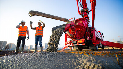 Pouring fresh concrete at a construction site, concrete pump, workers in personal protective equipment,