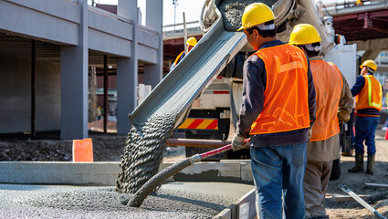Pouring fresh concrete at a construction site, concrete pump, workers in personal protective equipment,