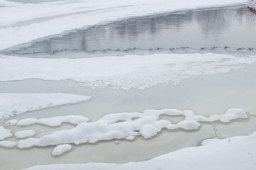 The surface of a frozen winter river