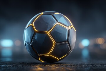 Fototapeta premium Futuristic white soccer ball with glowing blue neon lines on wet pavement