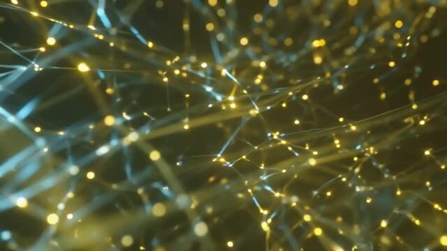 Abstract technology background showing data transfer through optical fibers and futuristic cables, visualized as glowing lines and luminous particles flowing at high speed. Dynamic light trails